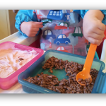 Toddler safe messy play with cereal and Angel Delight